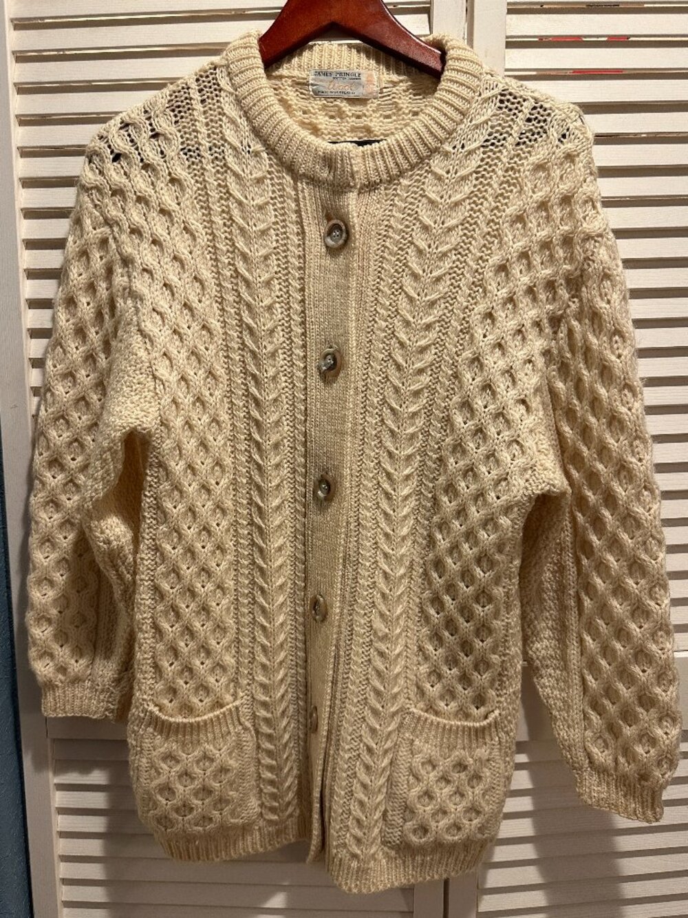 Vintage James Pringle Scottish Wool Aran Cable Knit Cardigan Made Scotland M